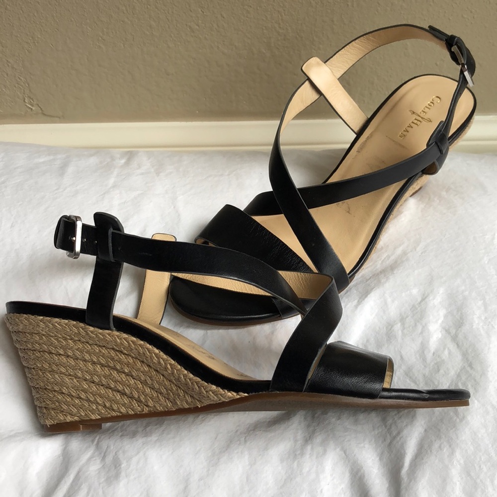 Cole Haan black leather strappy wedge